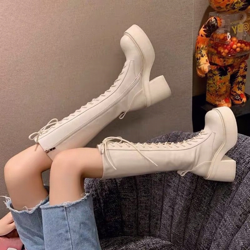 White  Boots Thick Bottom High - Pipe Bending Spring 评论和价格